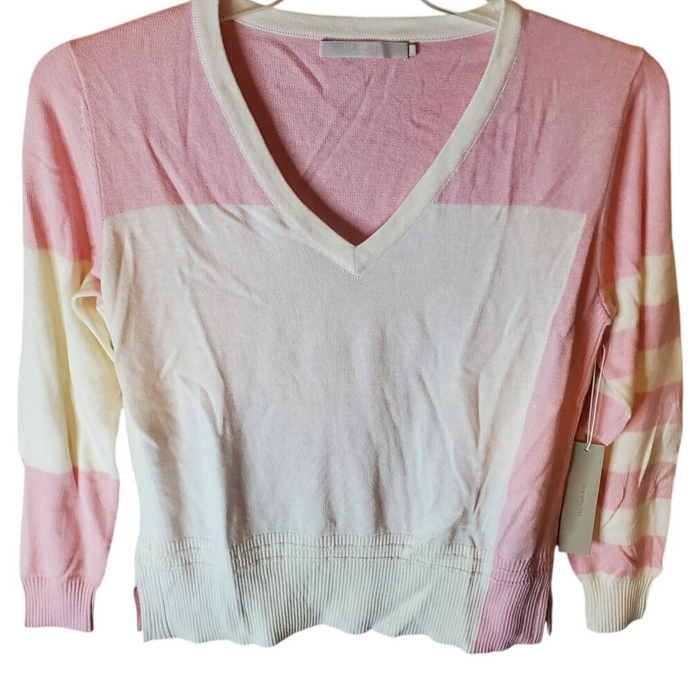 One Grey Day V-Neck Pink/White Rib Texture Sweater, NWT, Small